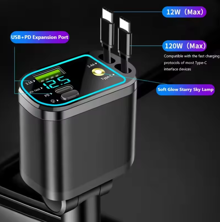 120W 4‑in‑1 Retractable Fast Car Charger with Starry Sky LED & Digital Display