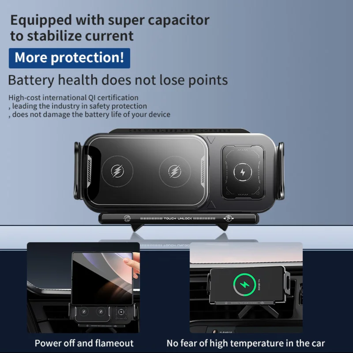 LuxDrive ProGrip 15W Wireless Car Charger Mount — Auto-Clamping 360° Rotatable for Samsung Z Fold, iPhone & All Phones