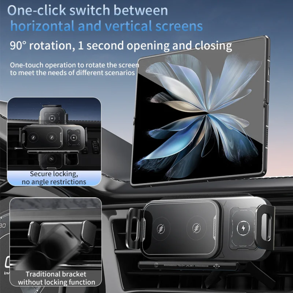 LuxDrive ProGrip 15W Wireless Car Charger Mount — Auto-Clamping 360° Rotatable for Samsung Z Fold, iPhone & All Phones