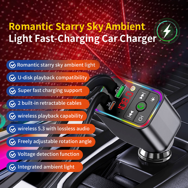 LuxDrive T3 Pro 5-in-1 260W Fast Car Charger with FM Transmitter & Ambient Light