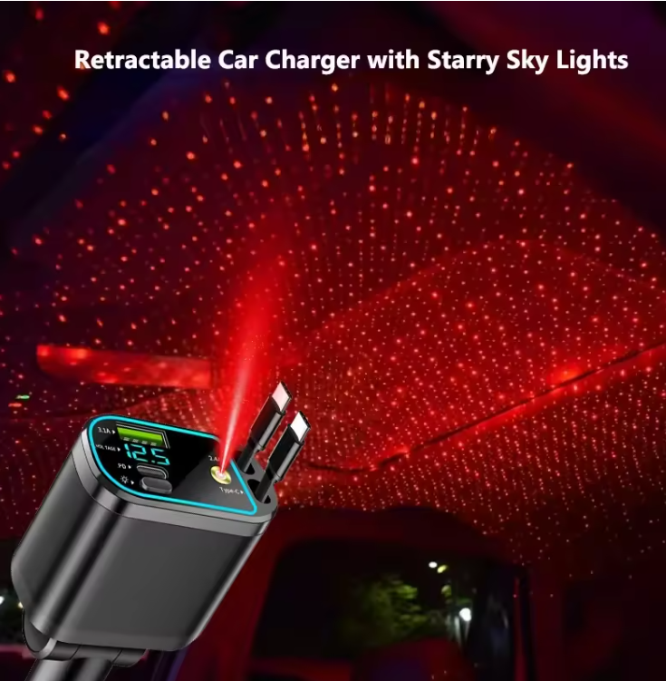 120W 4‑in‑1 Retractable Fast Car Charger with Starry Sky LED & Digital Display