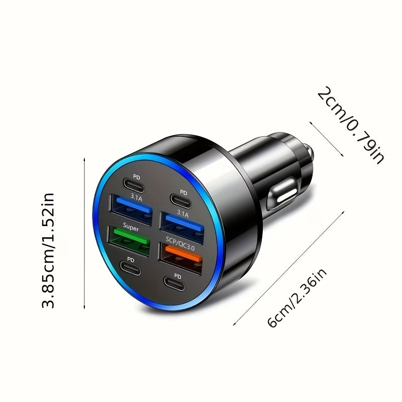 100W 8-Port Fast Charging Car Charger – 4x USB-C PD & 4x USB-A, 12/24V Compatible