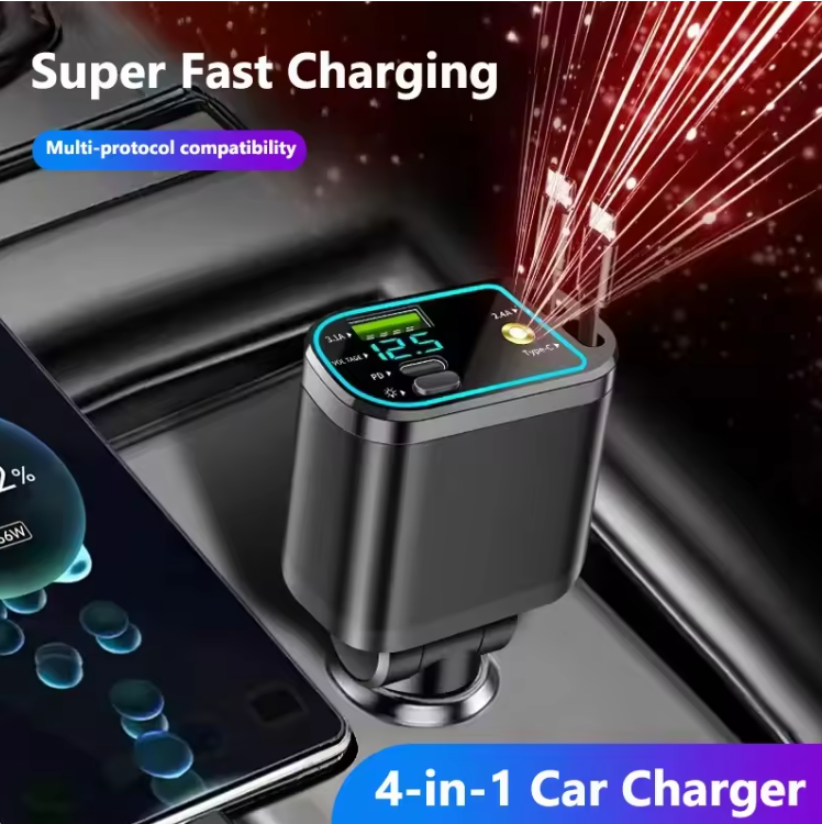 120W 4‑in‑1 Retractable Fast Car Charger with Starry Sky LED & Digital Display
