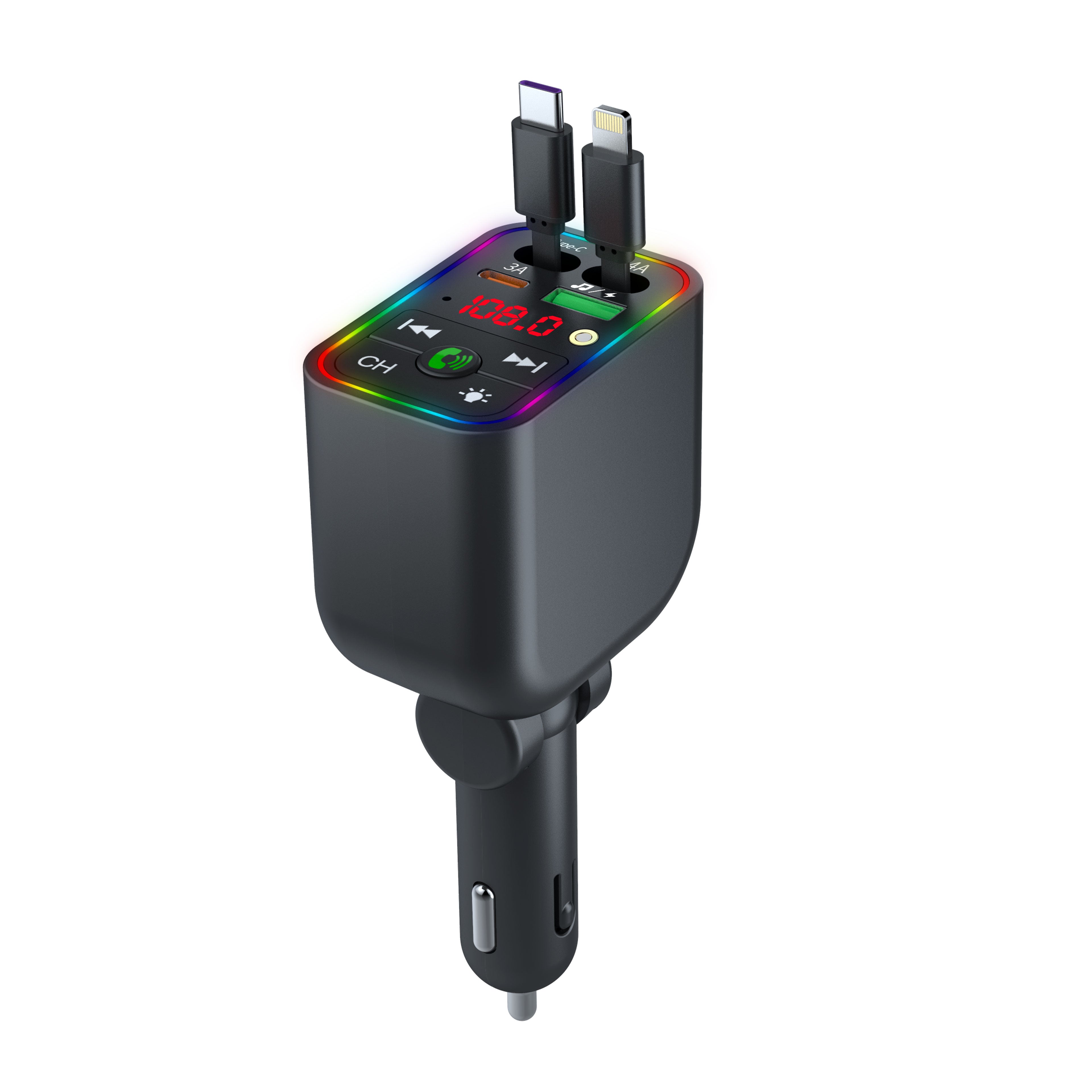 LuxDrive T3 Pro 5-in-1 260W Fast Car Charger with FM Transmitter & Ambient Light