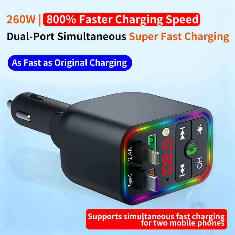 LuxDrive T3 Pro 5-in-1 260W Fast Car Charger with FM Transmitter & Ambient Light