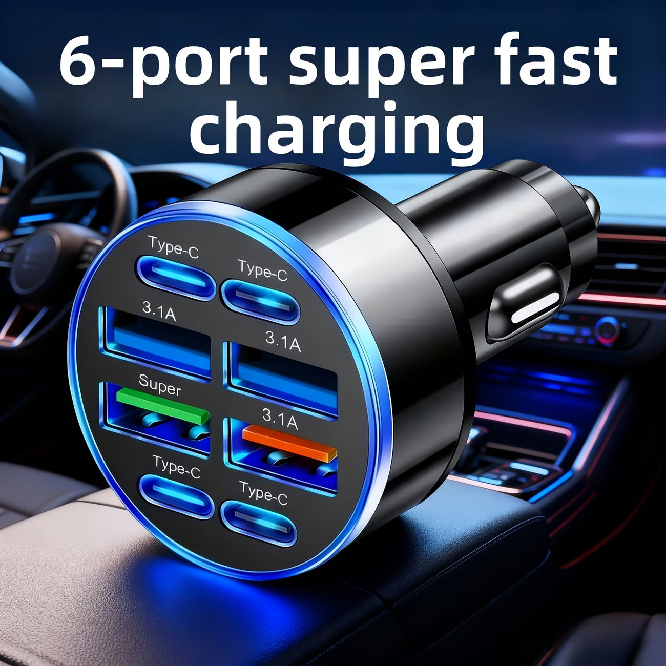 100W 8-Port Fast Charging Car Charger – 4x USB-C PD & 4x USB-A, 12/24V Compatible