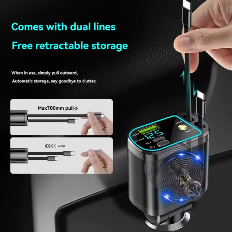 120W 4‑in‑1 Retractable Fast Car Charger with Starry Sky LED & Digital Display