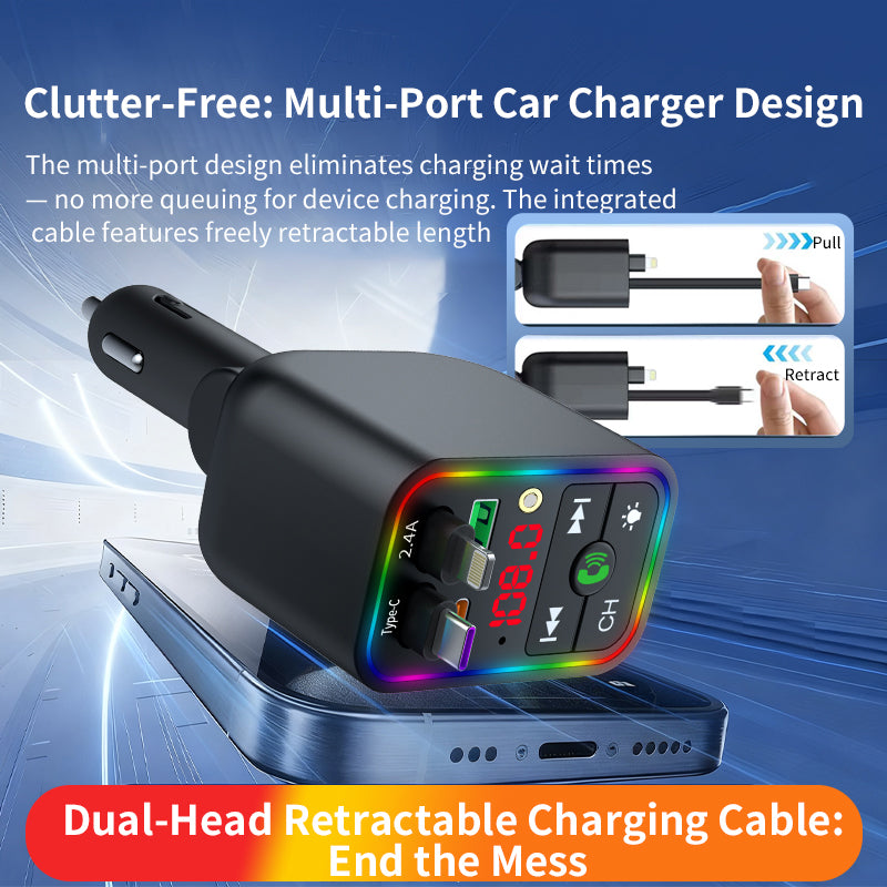 LuxDrive T3 Pro 5-in-1 260W Fast Car Charger with FM Transmitter & Ambient Light