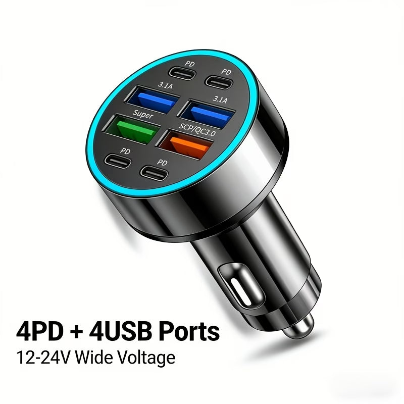 100W 8-Port Fast Charging Car Charger – 4x USB-C PD & 4x USB-A, 12/24V Compatible