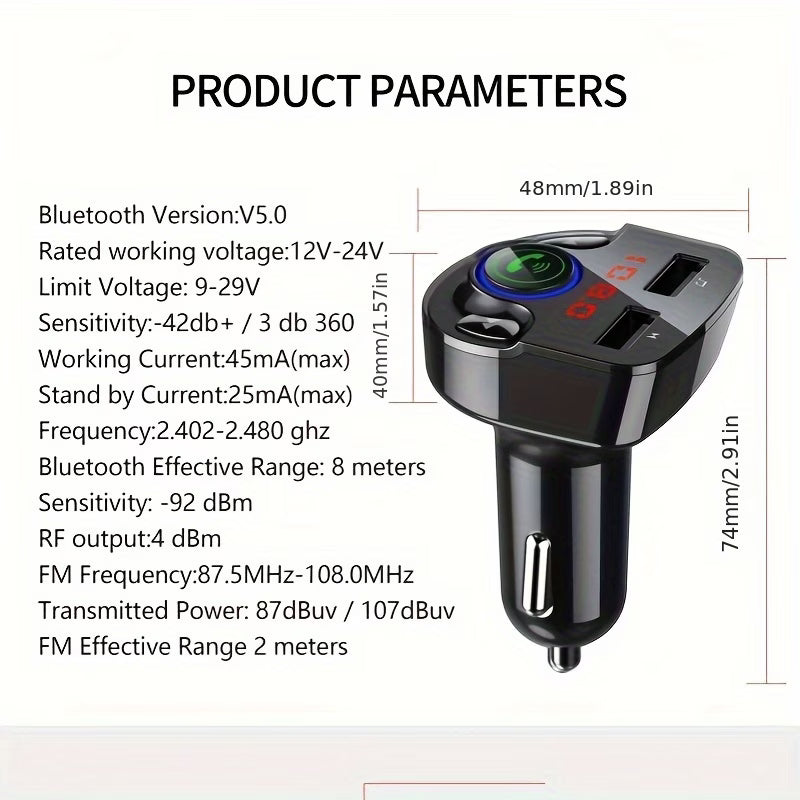 Bluetooth 5.3 Car FM Transmitter – QC3.0 Fast Charging, Hands-Free Calling & Digital Display