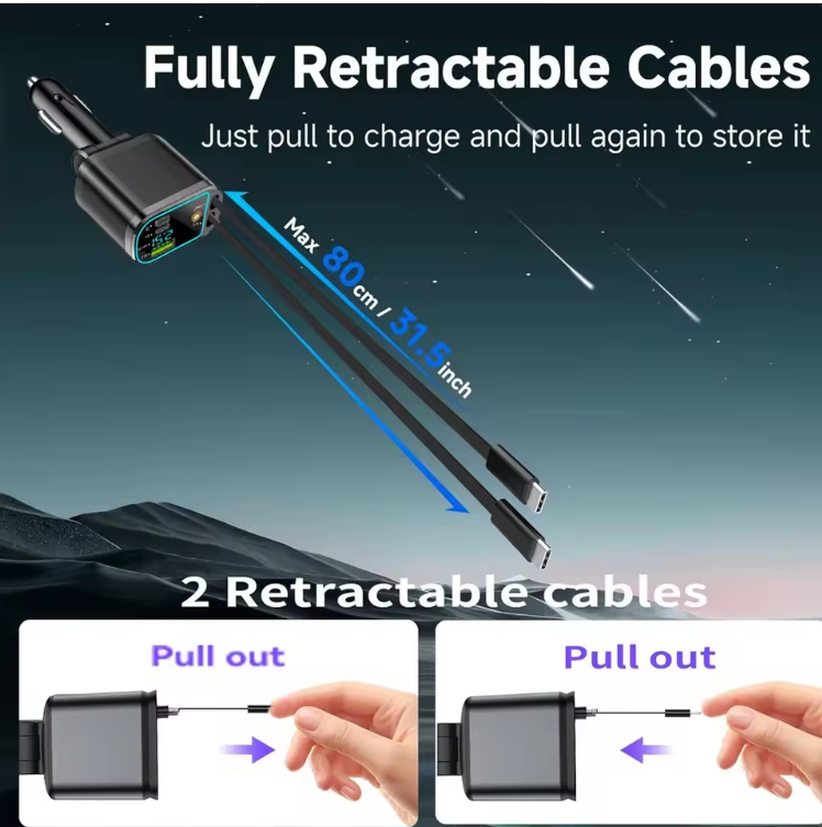 120W 4‑in‑1 Retractable Fast Car Charger with Starry Sky LED & Digital Display