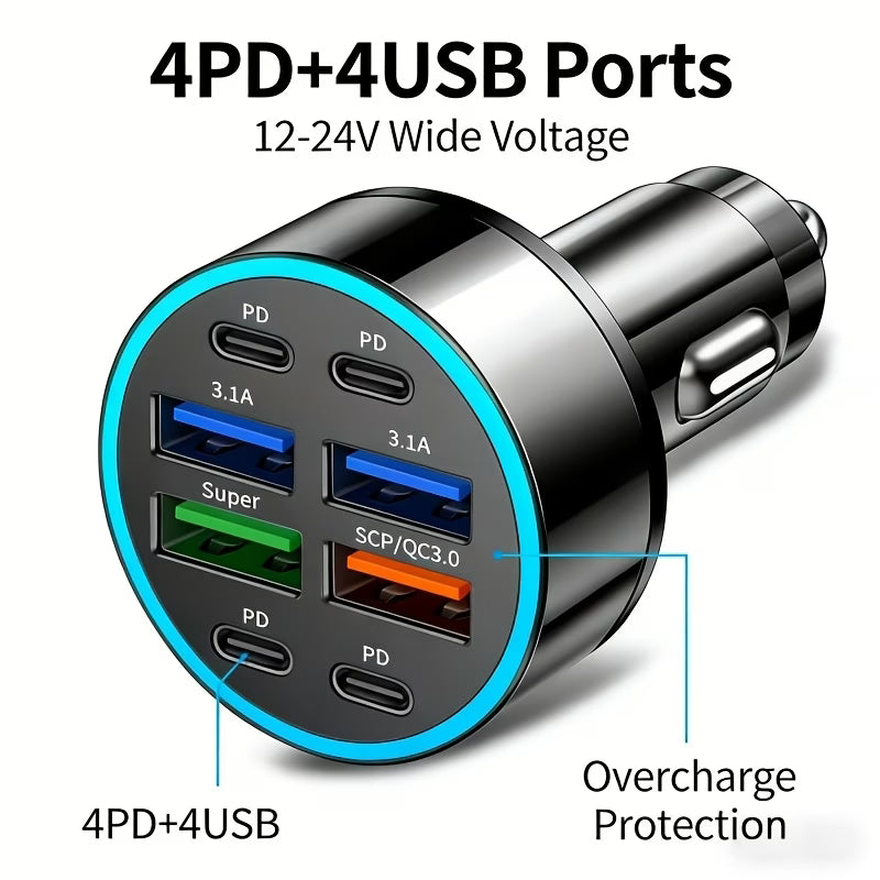 100W 8-Port Fast Charging Car Charger – 4x USB-C PD & 4x USB-A, 12/24V Compatible