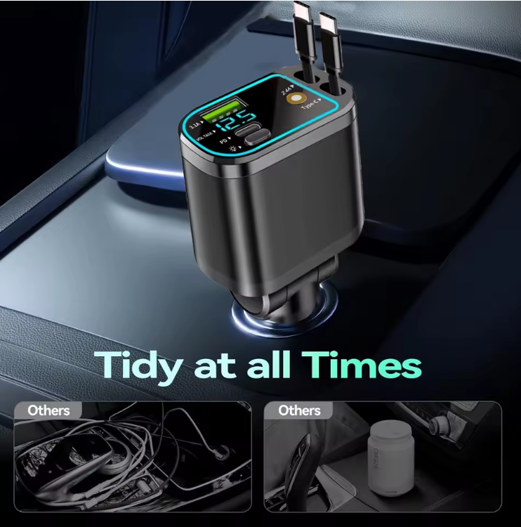 120W 4‑in‑1 Retractable Fast Car Charger with Starry Sky LED & Digital Display