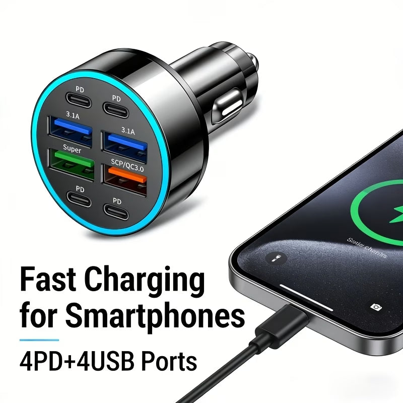 100W 8-Port Fast Charging Car Charger – 4x USB-C PD & 4x USB-A, 12/24V Compatible