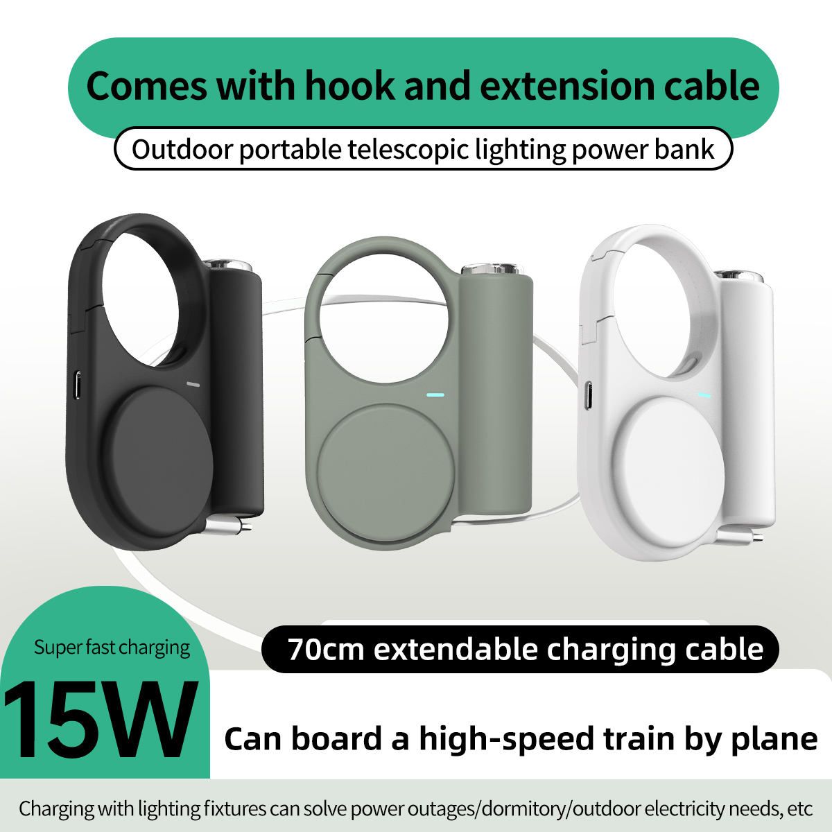 LuxDrive 5000mAh Portable Charger with Retractable Cable, SOS Flashlight & Fast Charging — Outdoor Power Bank