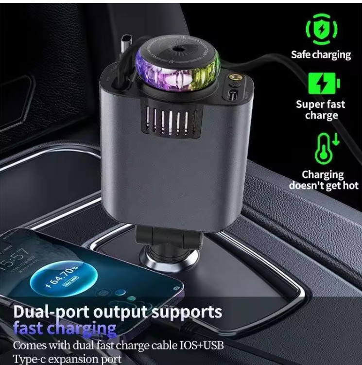 C7 Starry Sky Aromatherapy Car Charger — 180W 4-in-1 Retractable Fast Charger with LED Galaxy Lights & Dual USB / Type-C Ports
