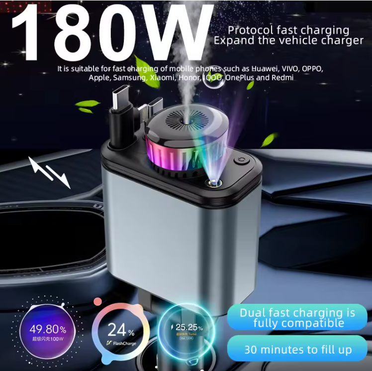 C7 Starry Sky Aromatherapy Car Charger — 180W 4-in-1 Retractable Fast Charger with LED Galaxy Lights & Dual USB / Type-C Ports