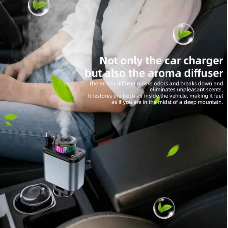 C7 Starry Sky Aromatherapy Car Charger — 180W 4-in-1 Retractable Fast Charger with LED Galaxy Lights & Dual USB / Type-C Ports