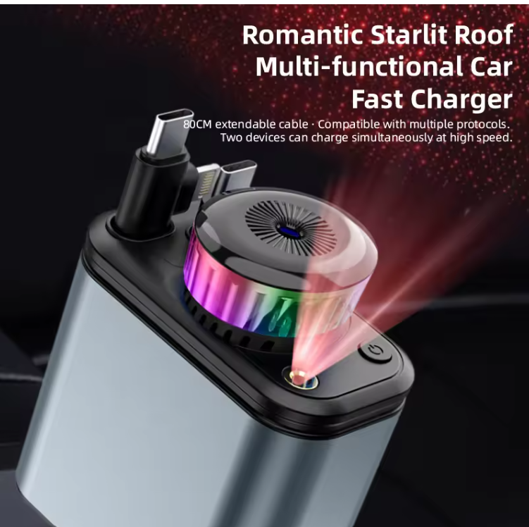 C7 Starry Sky Aromatherapy Car Charger — 180W 4-in-1 Retractable Fast Charger with LED Galaxy Lights & Dual USB / Type-C Ports