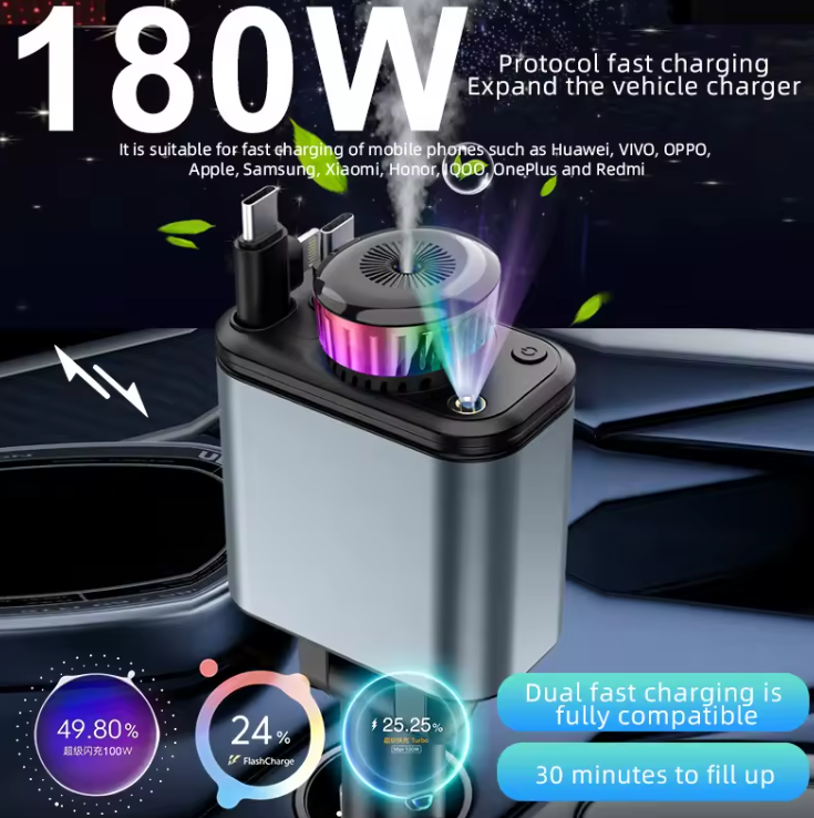 C7 Starry Sky Aromatherapy Car Charger — 180W 4-in-1 Retractable Fast Charger with LED Galaxy Lights & Dual USB / Type-C Ports