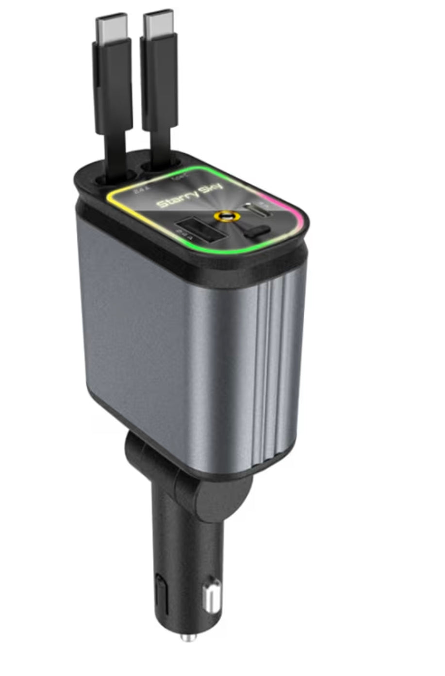 D21 4-in-1 120W Fast Charging Car Charger with Retractable Cables, Smart Display & 7-Colour LED Starry Sky Lights