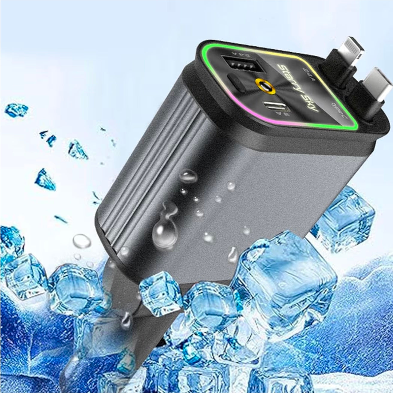 D21 4-in-1 120W Fast Charging Car Charger with Retractable Cables, Smart Display & 7-Colour LED Starry Sky Lights