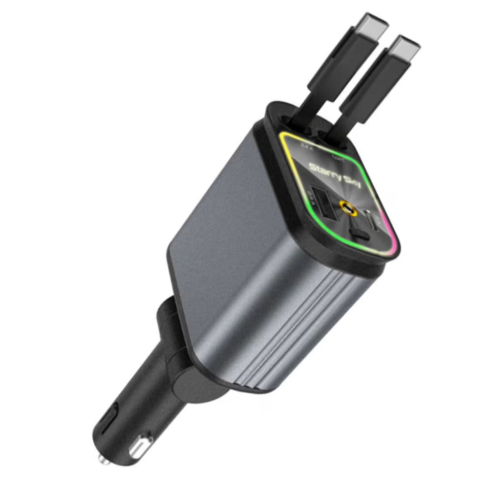 D21 4-in-1 120W Fast Charging Car Charger with Retractable Cables, Smart Display & 7-Colour LED Starry Sky Lights