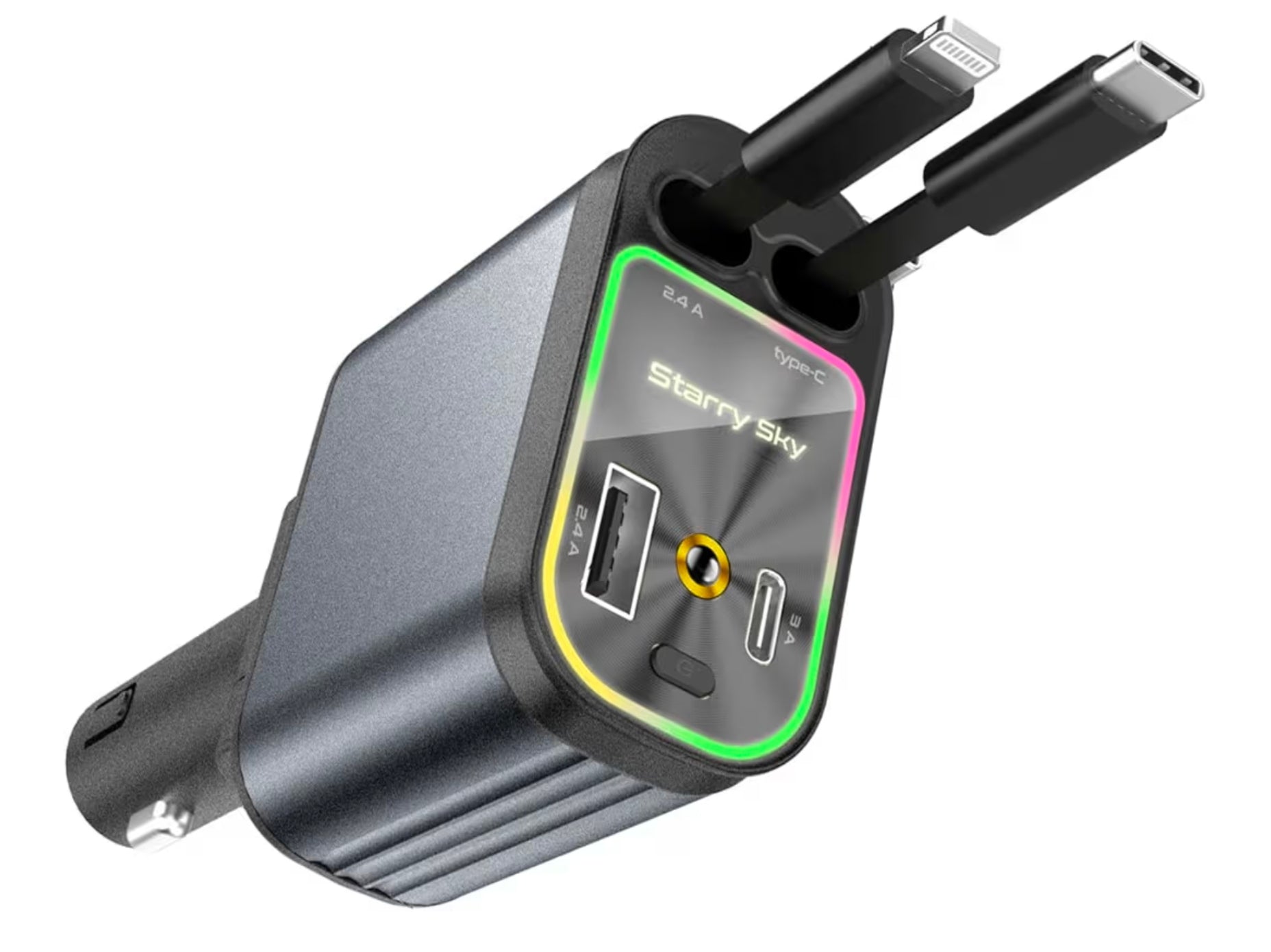 D21 4-in-1 120W Fast Charging Car Charger with Retractable Cables, Smart Display & 7-Colour LED Starry Sky Lights