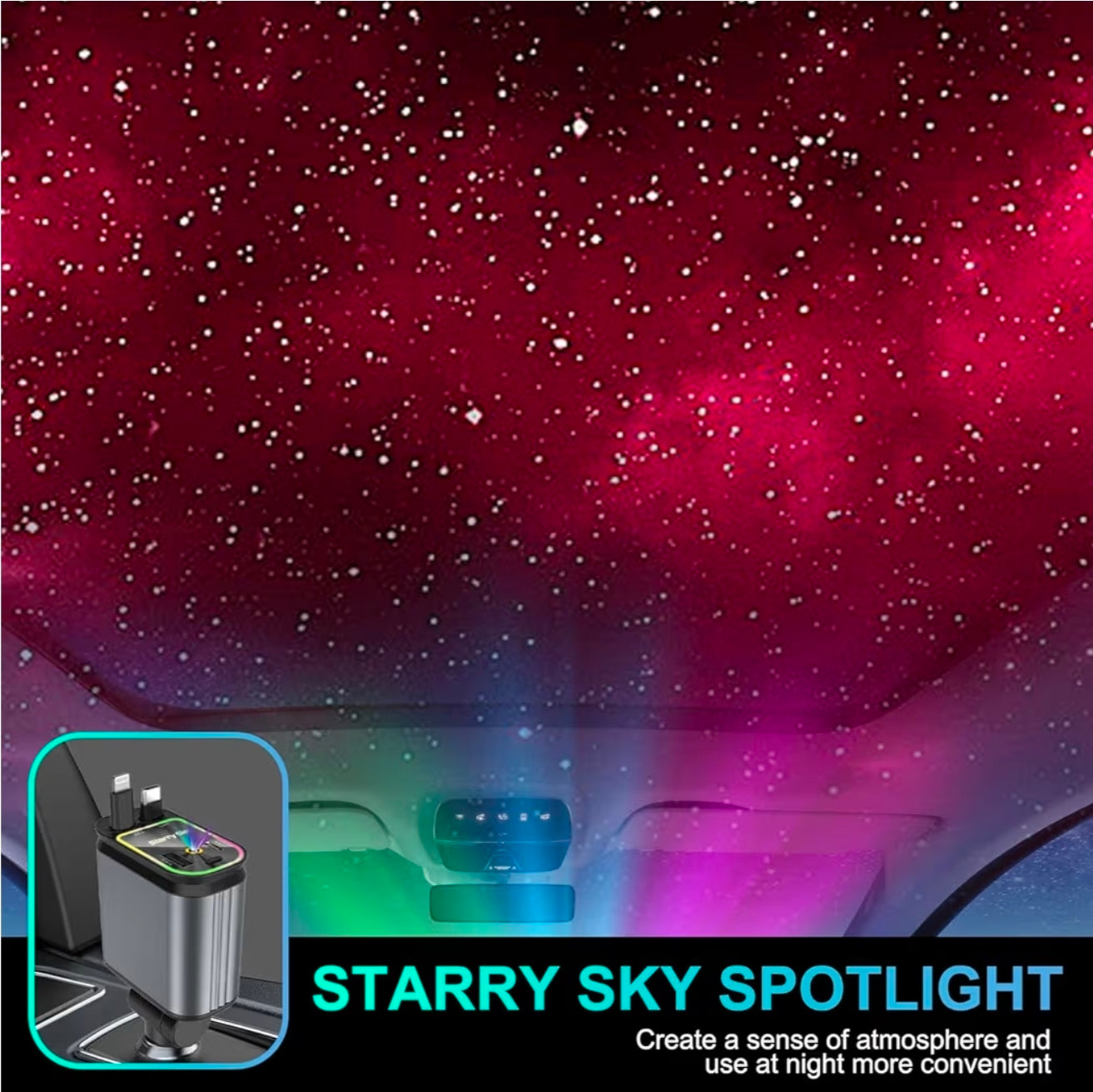 D21 4-in-1 120W Fast Charging Car Charger with Retractable Cables, Smart Display & 7-Colour LED Starry Sky Lights