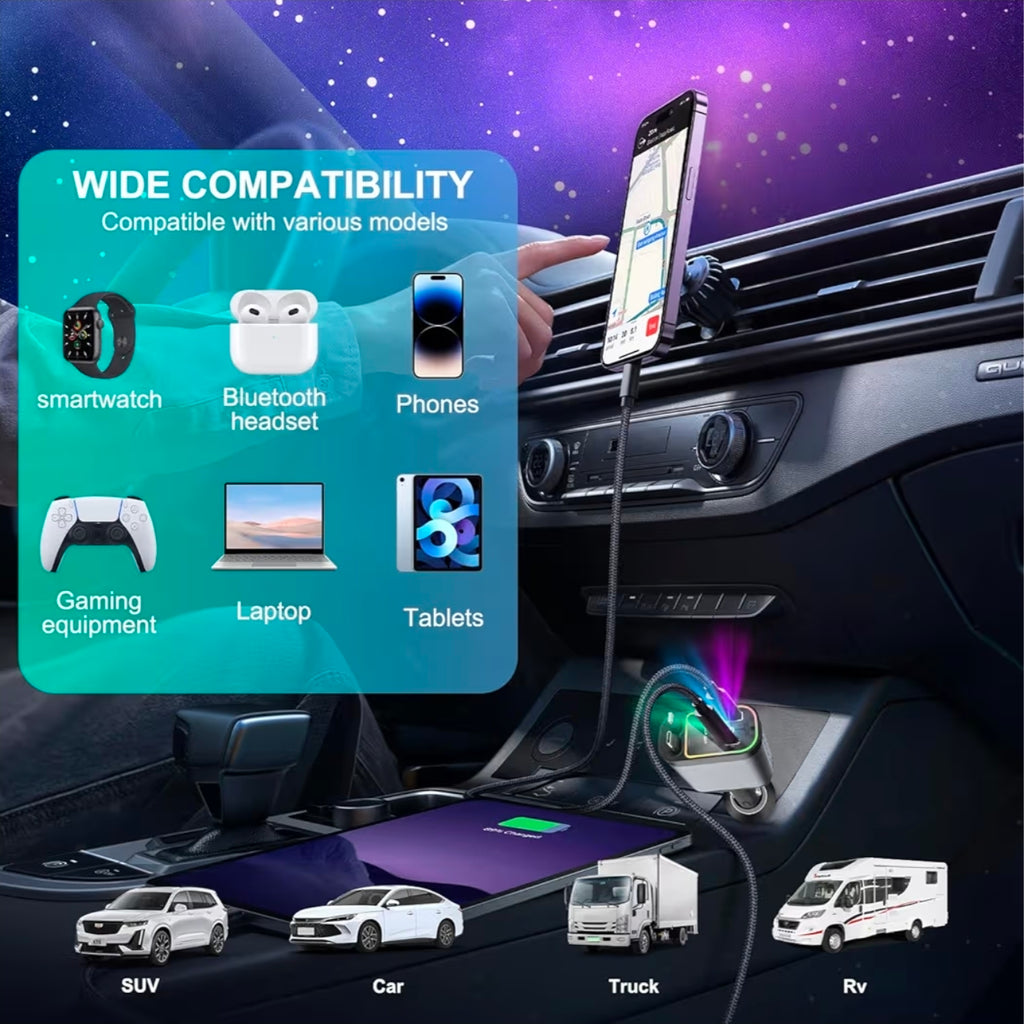 D21 4-in-1 120W Fast Charging Car Charger with Retractable Cables, Smart Display & 7-Colour LED Starry Sky Lights