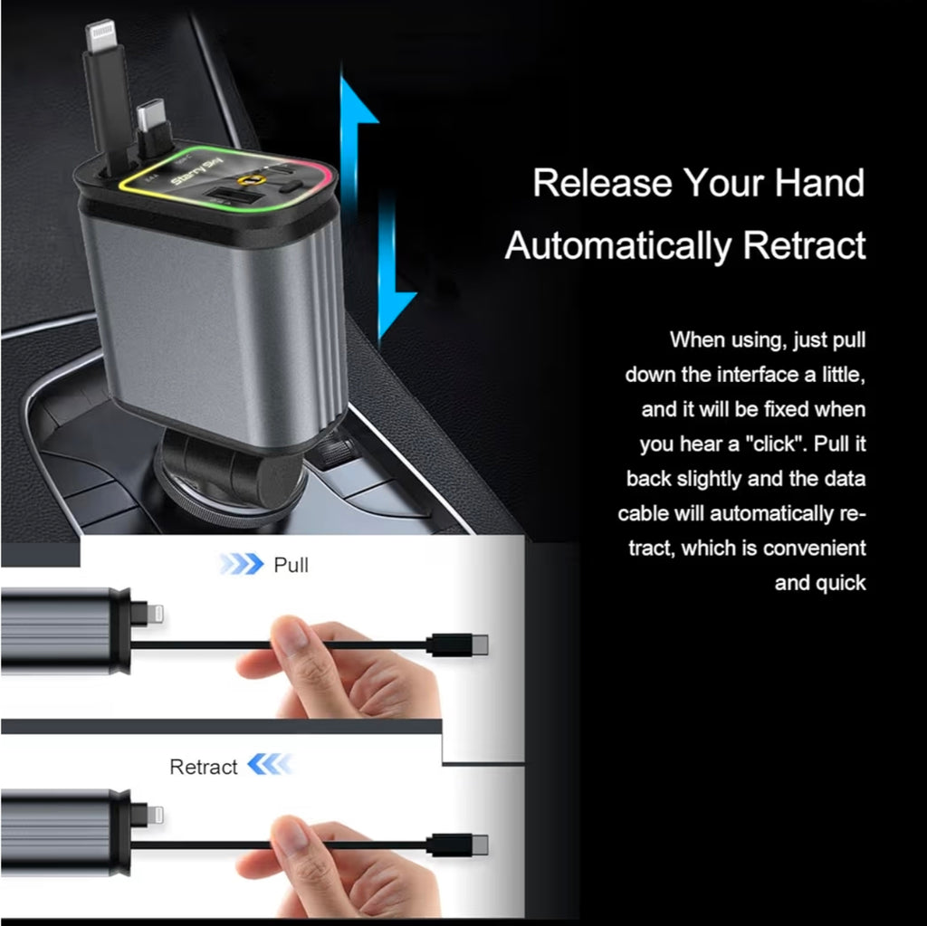 D21 4-in-1 120W Fast Charging Car Charger with Retractable Cables, Smart Display & 7-Colour LED Starry Sky Lights