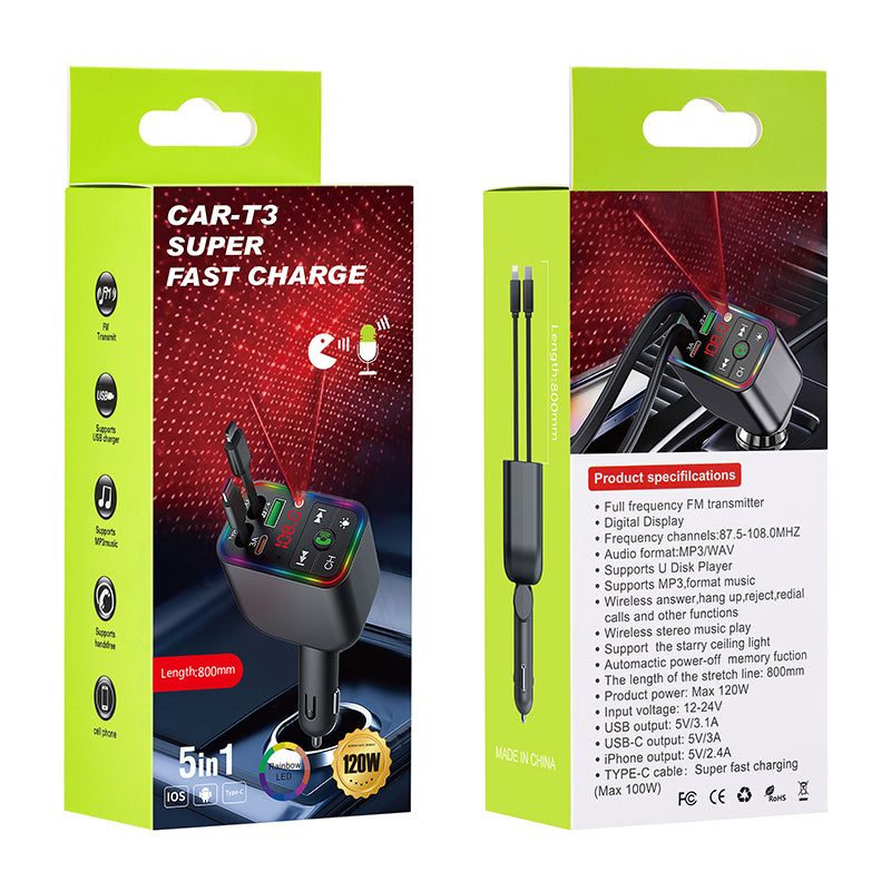 LuxDrive T3 Pro 5-in-1 260W Fast Car Charger with FM Transmitter & Ambient Light