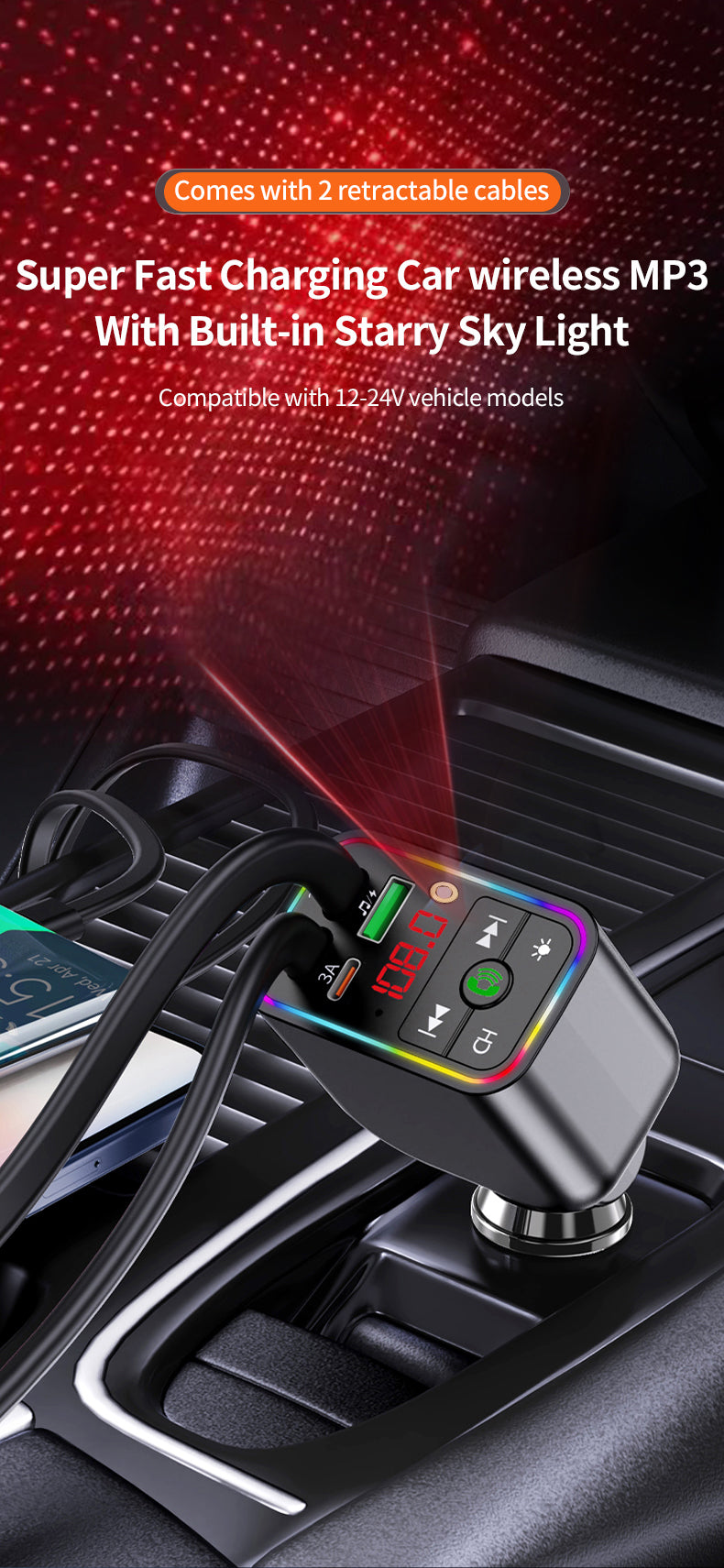 LuxDrive T3 Pro 5-in-1 260W Fast Car Charger with FM Transmitter & Ambient Light