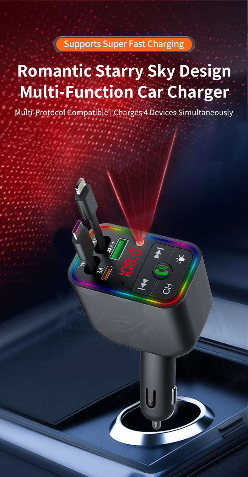 LuxDrive T3 Pro 5-in-1 260W Fast Car Charger with FM Transmitter & Ambient Light