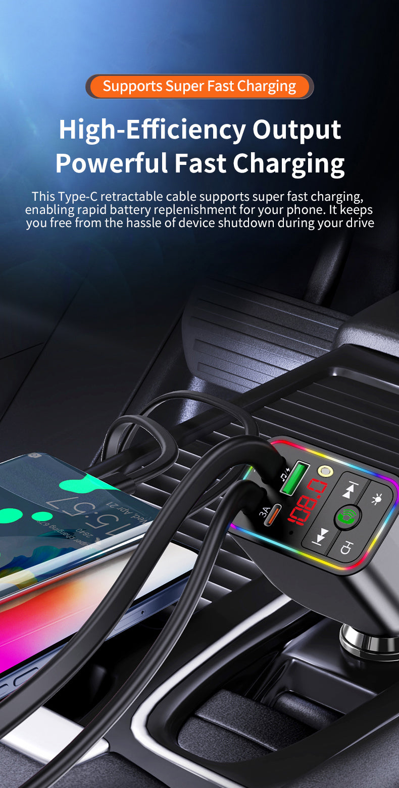 LuxDrive T3 Pro 5-in-1 260W Fast Car Charger with FM Transmitter & Ambient Light