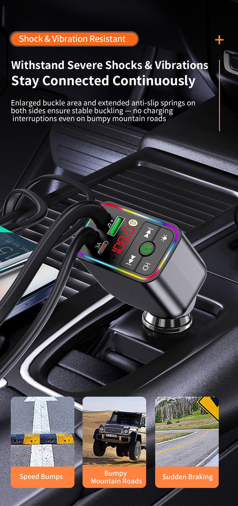LuxDrive T3 Pro 5-in-1 260W Fast Car Charger with FM Transmitter & Ambient Light