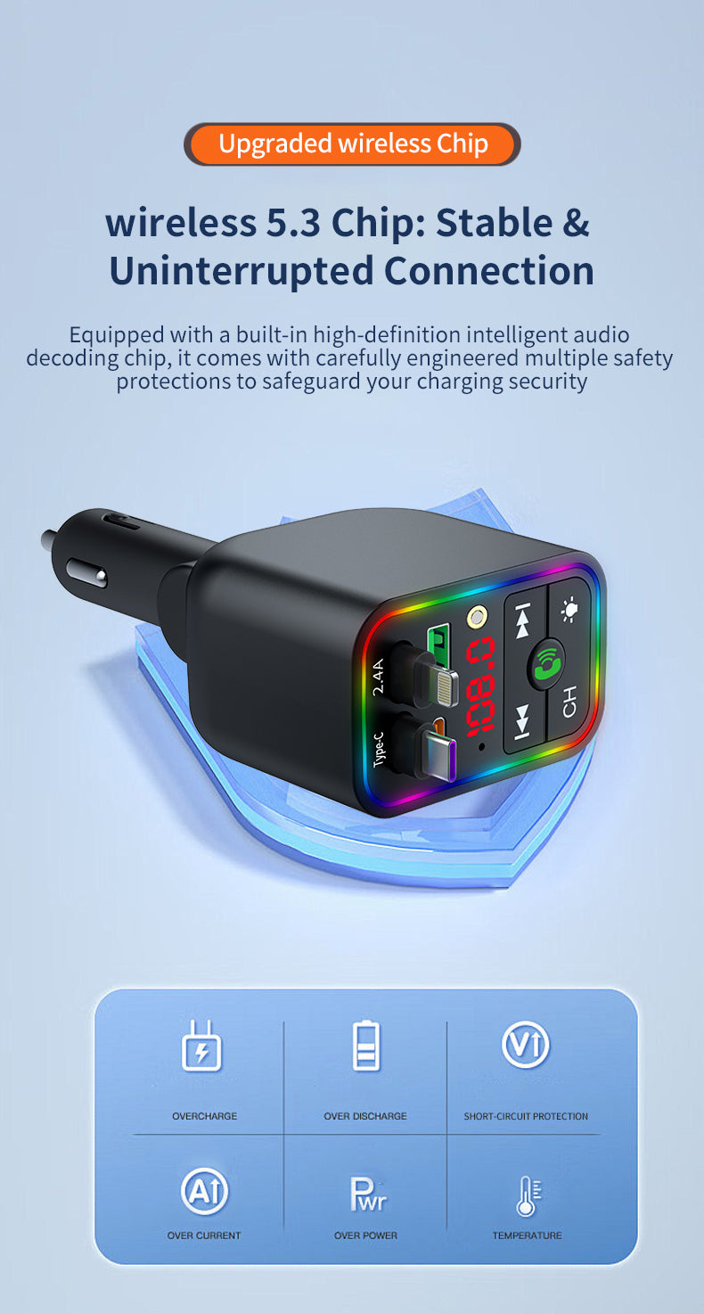 LuxDrive T3 Pro 5-in-1 260W Fast Car Charger with FM Transmitter & Ambient Light