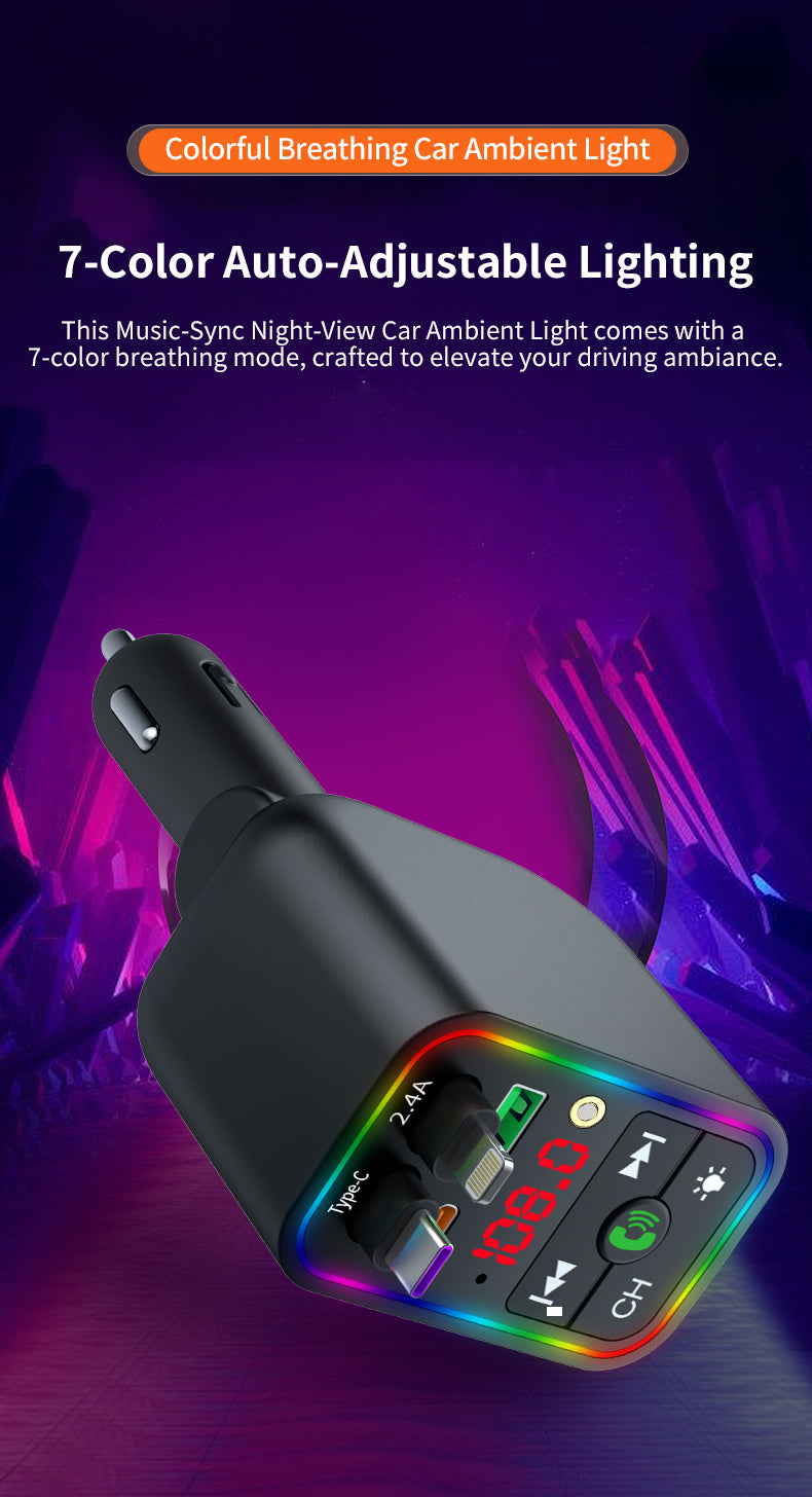 LuxDrive T3 Pro 5-in-1 260W Fast Car Charger with FM Transmitter & Ambient Light