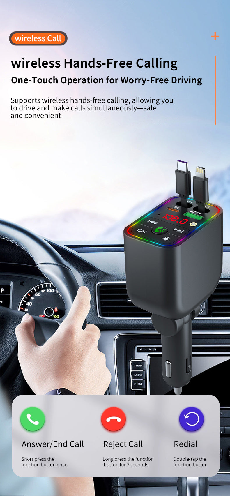 LuxDrive T3 Pro 5-in-1 260W Fast Car Charger with FM Transmitter & Ambient Light