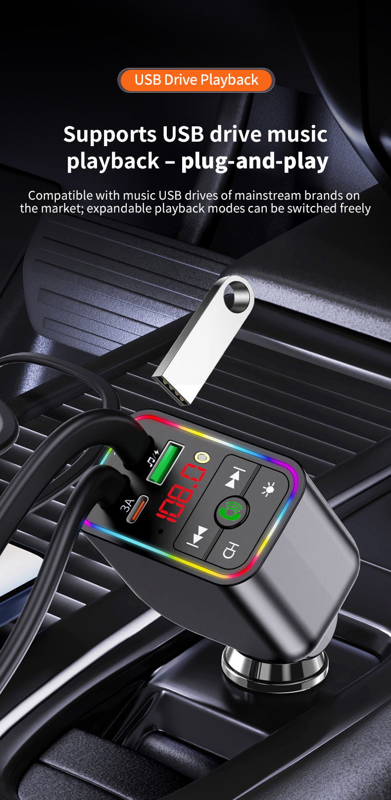 LuxDrive T3 Pro 5-in-1 260W Fast Car Charger with FM Transmitter & Ambient Light