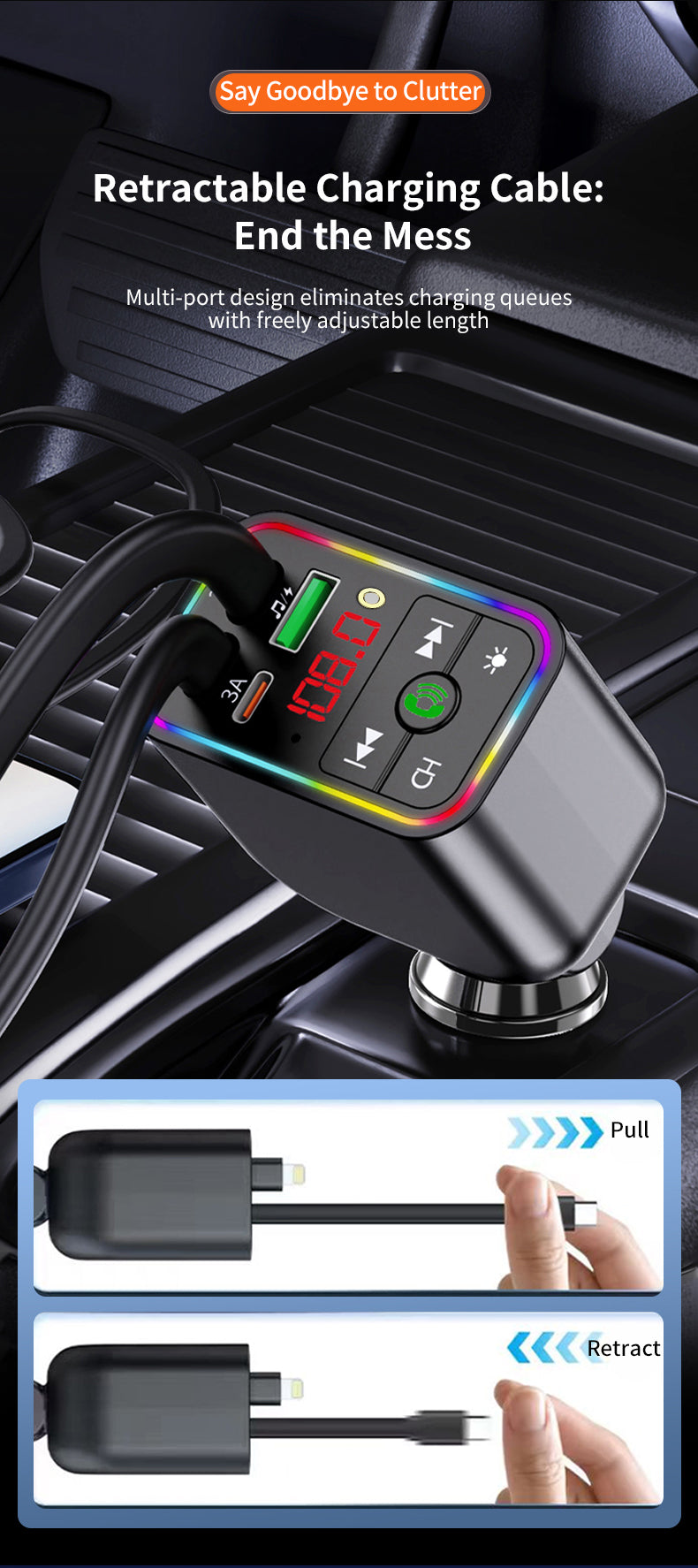 LuxDrive T3 Pro 5-in-1 260W Fast Car Charger with FM Transmitter & Ambient Light