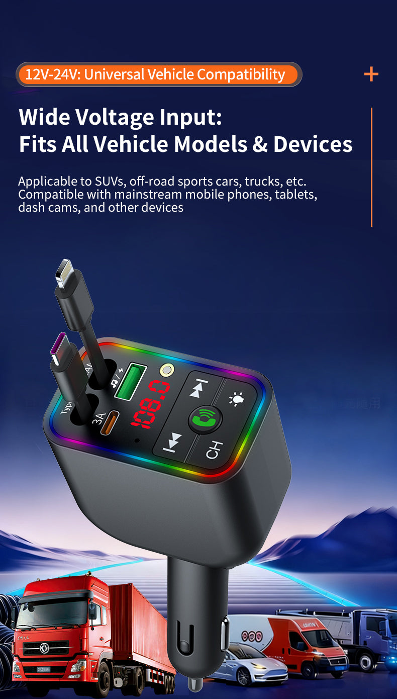 LuxDrive T3 Pro 5-in-1 260W Fast Car Charger with FM Transmitter & Ambient Light