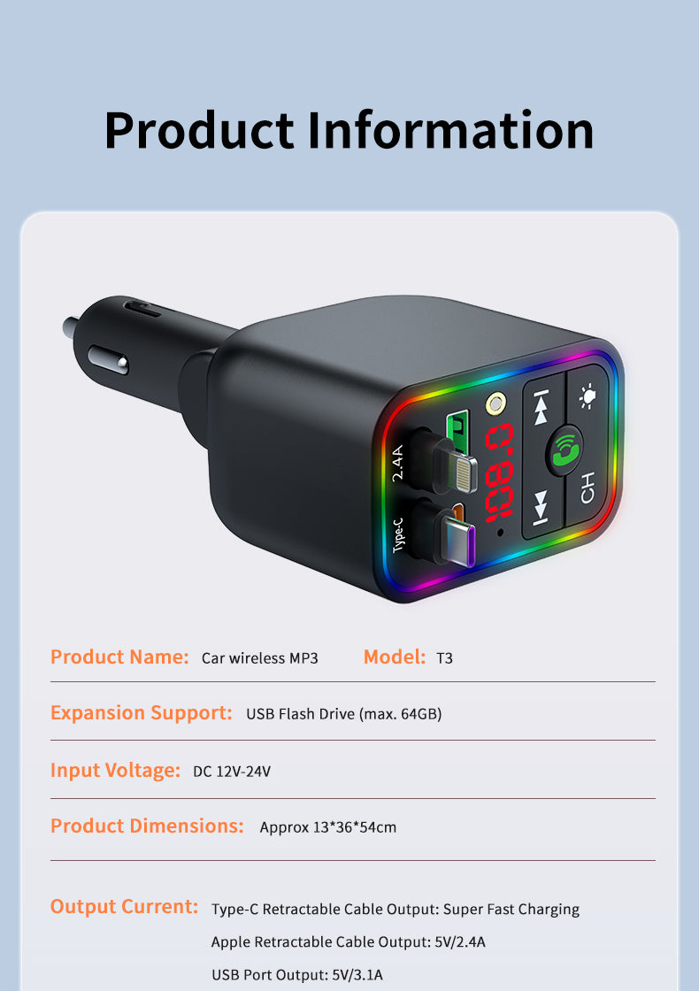 LuxDrive T3 Pro 5-in-1 260W Fast Car Charger with FM Transmitter & Ambient Light
