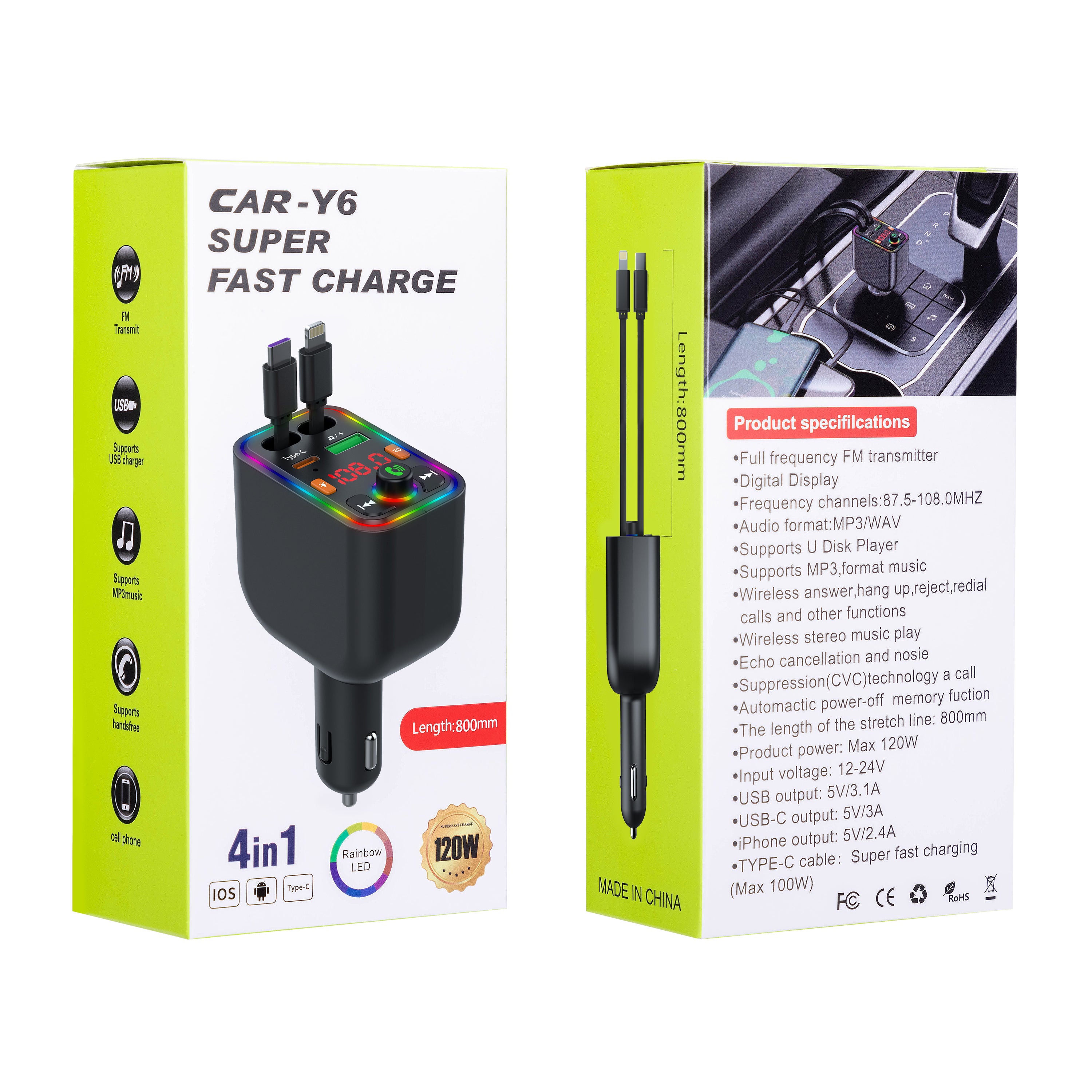 120W TurboCharge™ Retractable Car Charger – Digital Display + MP3/FM Transmitter + Bt Handsfree Car Kit PD QC Car Charger Y6 | Ultra‑Fast 4‑in‑1 Charging Power Station