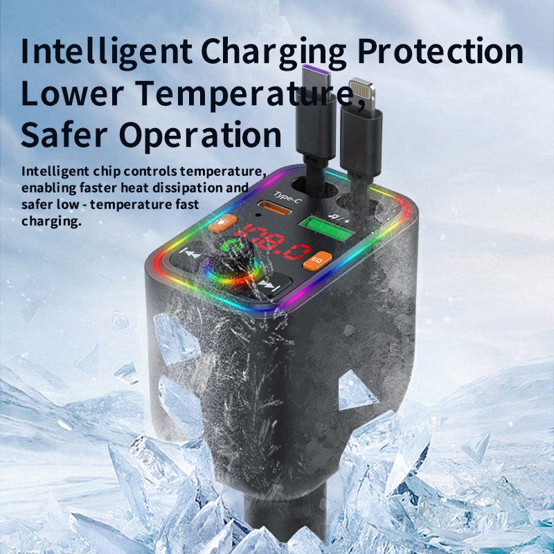 120W TurboCharge™ Retractable Car Charger – Digital Display + MP3/FM Transmitter + Bt Handsfree Car Kit PD QC Car Charger Y6 | Ultra‑Fast 4‑in‑1 Charging Power Station