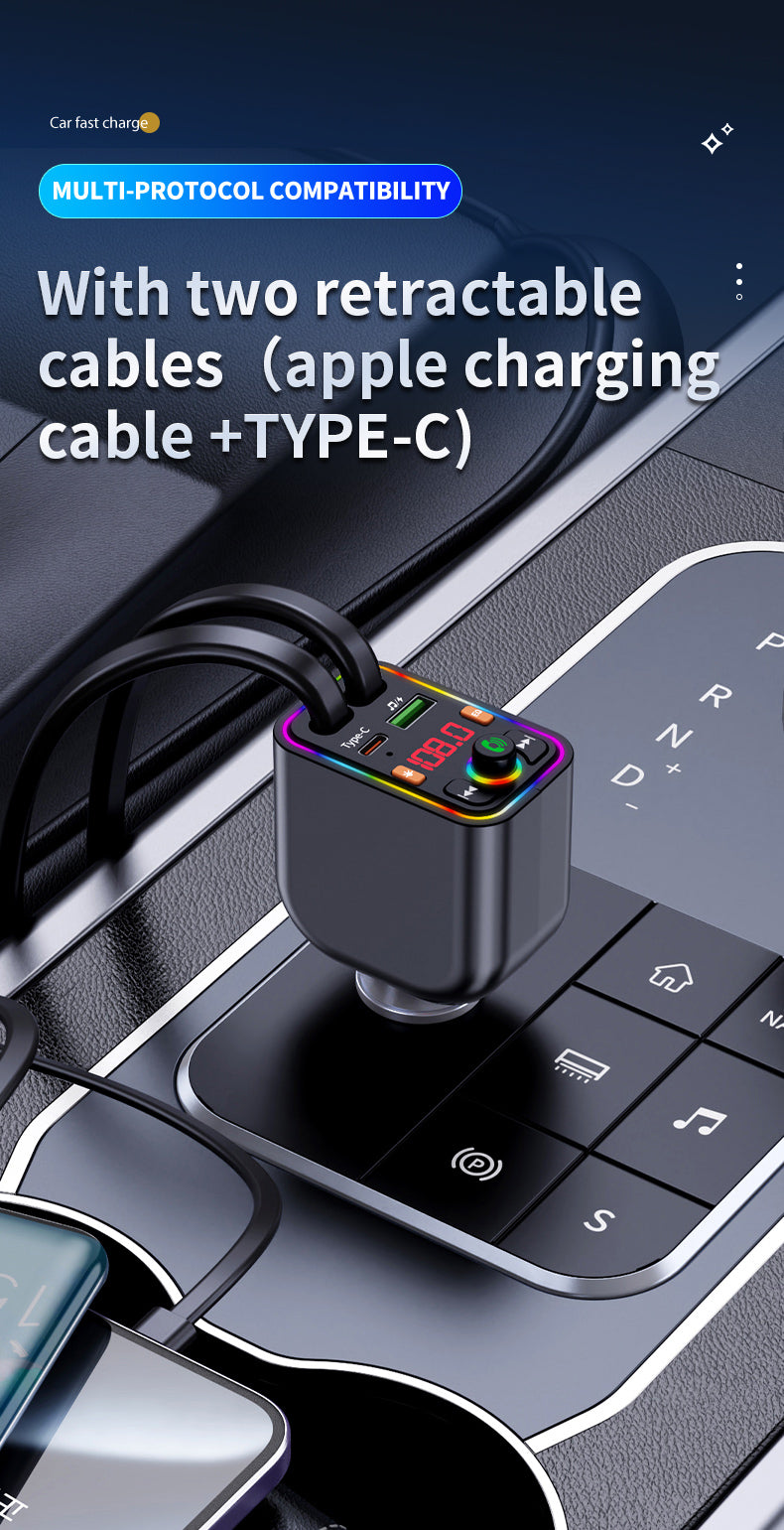 120W TurboCharge™ Retractable Car Charger – Digital Display + MP3/FM Transmitter + Bt Handsfree Car Kit PD QC Car Charger Y6 | Ultra‑Fast 4‑in‑1 Charging Power Station