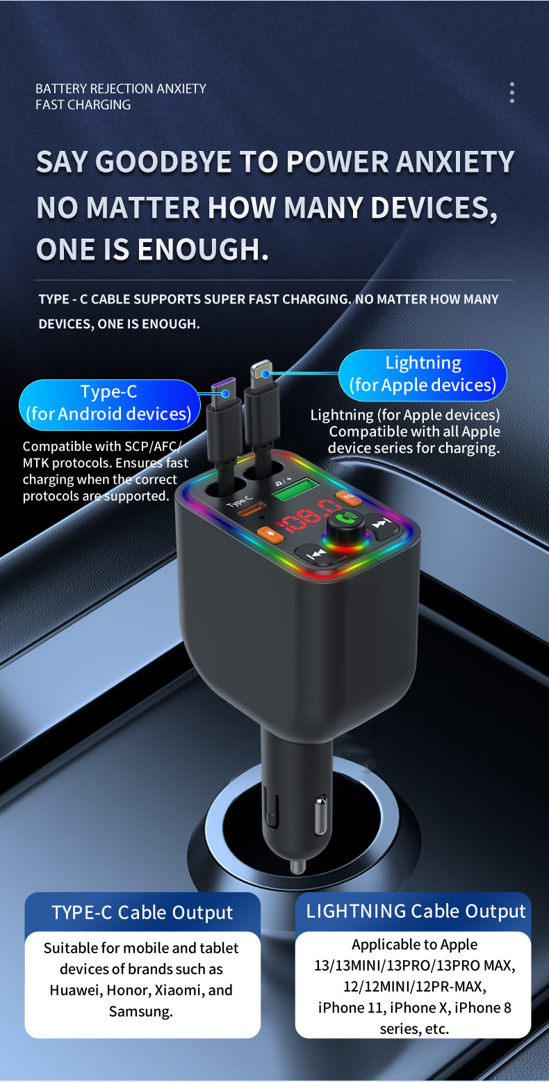 120W TurboCharge™ Retractable Car Charger – Digital Display + MP3/FM Transmitter + Bt Handsfree Car Kit PD QC Car Charger Y6 | Ultra‑Fast 4‑in‑1 Charging Power Station