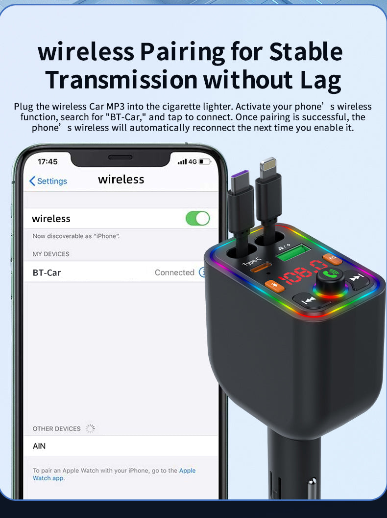 120W TurboCharge™ Retractable Car Charger – Digital Display + MP3/FM Transmitter + Bt Handsfree Car Kit PD QC Car Charger Y6 | Ultra‑Fast 4‑in‑1 Charging Power Station