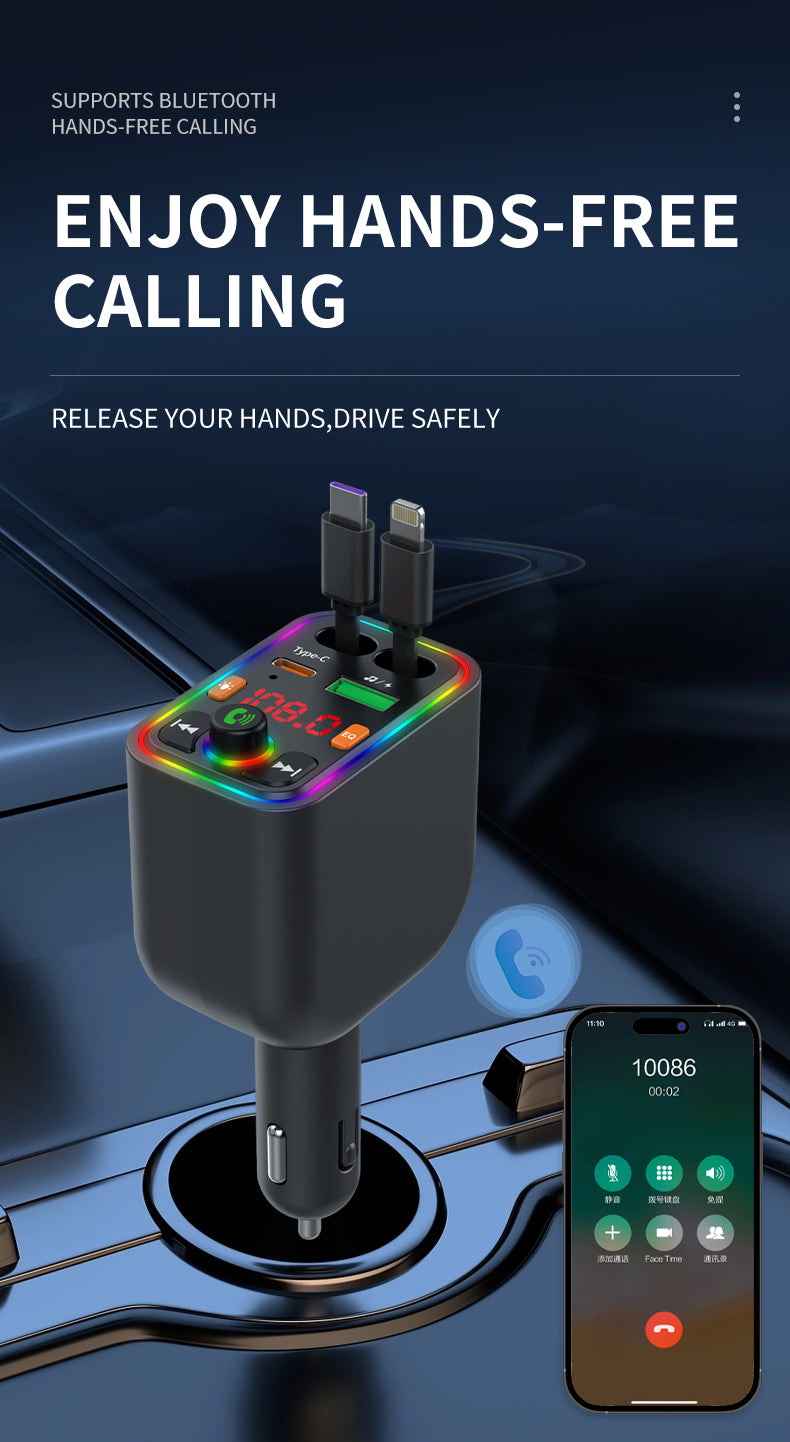 120W TurboCharge™ Retractable Car Charger – Digital Display + MP3/FM Transmitter + Bt Handsfree Car Kit PD QC Car Charger Y6 | Ultra‑Fast 4‑in‑1 Charging Power Station