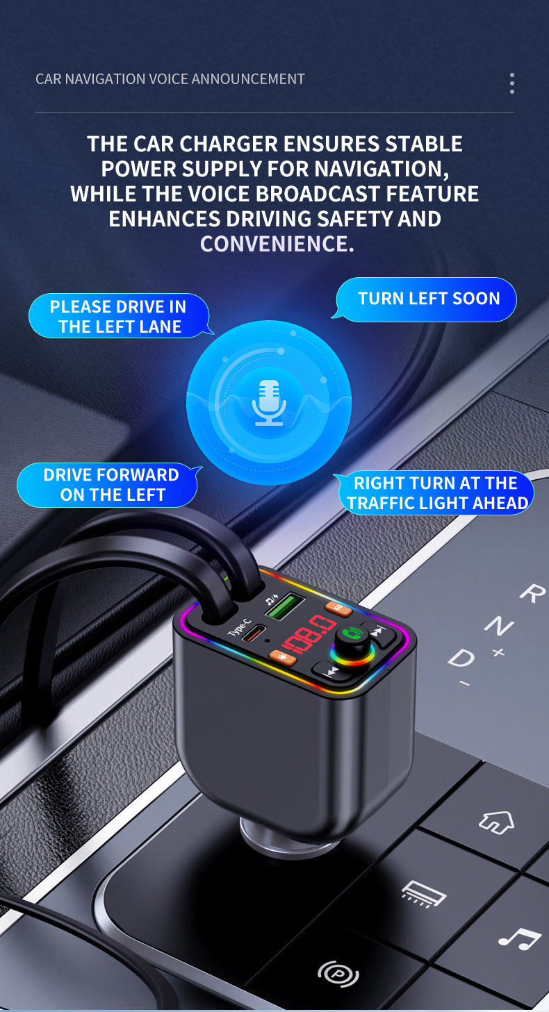 120W TurboCharge™ Retractable Car Charger – Digital Display + MP3/FM Transmitter + Bt Handsfree Car Kit PD QC Car Charger Y6 | Ultra‑Fast 4‑in‑1 Charging Power Station
